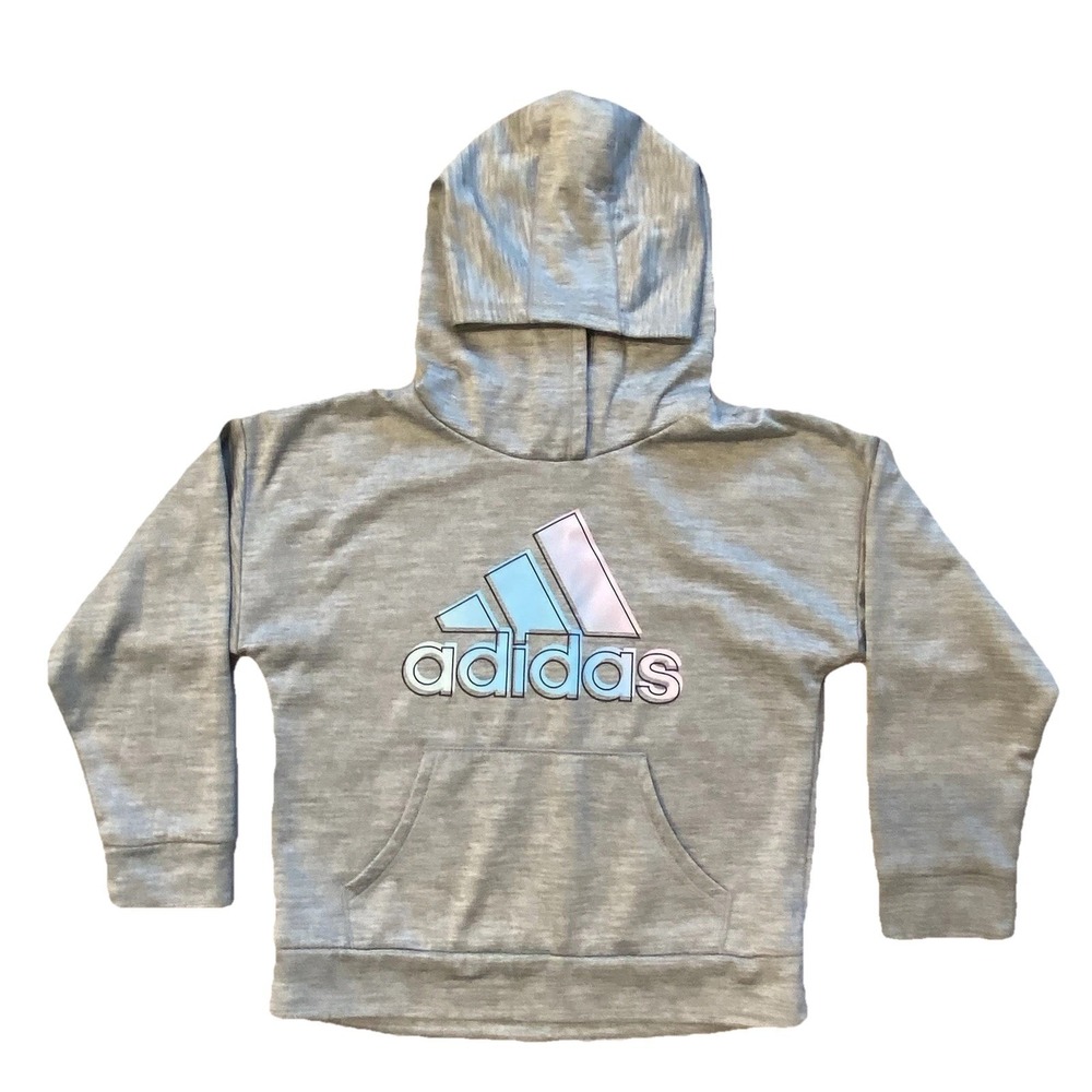 Adidas Girls Hoodie Small Gray Pullover Sweatshirt Multicolor Logo